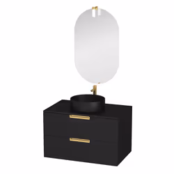 Aurlane - Meuble Salle de Bains 80cm Noir Mat et Or Doré 2 Tiroirs - Vasque Noire - Miroir & Applique Led