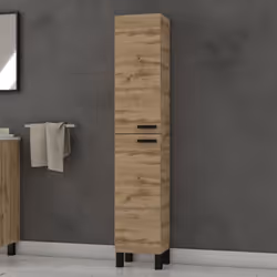 PETRA, Le meuble colonne de rangement en bois, rehaussée de poignées et de pieds en aluminium noir. Un design moderne et raff ...