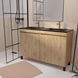 TIMBER 120, un style sobre et actuel ! Meuble de salle de bains 120 cm à 4 portes , posé sur pieds et sa vasque double en cér ...