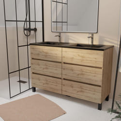 Meuble de salle de bains 120 cm 6 tiroirs chêne naturel + vasque double céramique noire - timber