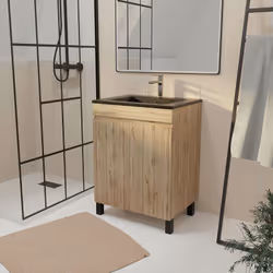 TIMBER 60, un style sobre et actuel ! Meuble de salle de bains 60 cm à 2 portes , posé sur pieds et sa vasque en céramique no ...