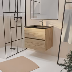 TIMBER 60, un style sobre et actuel ! Meuble de salle de bains 60 cm à 2 tiroirs , à suspendre et sa vasque en céramique noir ...