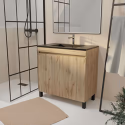 Description générale Le meuble de salle de bains TIMBER 80 cm allie un design sobre et actuel. Doté de 2 portes et posé sur d ...