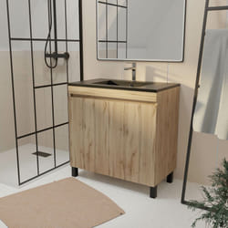 Meuble de salle de bains 80 cm 2 portes chêne naturel + vasque céramique noire - timber