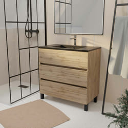 Meuble de salle de bains 80 cm 3 tiroirs chêne naturel + vasque céramique noire - timber