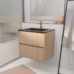 Meuble de salle de bains 60 cm 2 Tiroirs Chêne Clair + Vasque Céramique Noire - XENOS