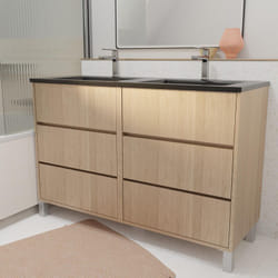 Meuble de salle de bains 120 cm 6 tiroirs chêne clair + vasque double céramique noire - xenos