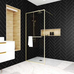 paroi de douche or doré brossé 100x200cm - porte-serviette et etagère