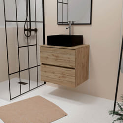 Meuble salle de bains 60cm 2 tiroirs chêne naturel + vasque carrée 41x41x15cm en céramique noire