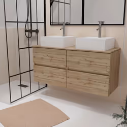 TIMBER, le meuble qui allie élégance et fonctionnalité ! Découvrez cet ensemble composé d'un meuble double et de deux vasques ...