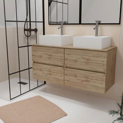 Aurlane - meuble salle de bains 120cm 4 tiroirs chêne naturel - 2 vasques carrées 41x41x15cm blanches