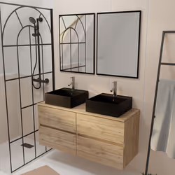 Meuble Salle de Bains 120cm 4 Tiroirs Chêne Naturel, 2 Vasques Noires 41x41x15cm, 2 Miroirs 55x75cm