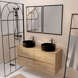 Meuble Salle de Bains 120cm 4 Tiroirs Chêne Naturel, 2 Vasques Noires Ø36cm et 2 Miroirs 55x75 cm