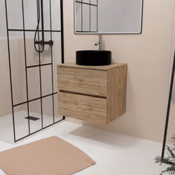 Meuble Salle de Bains 80cm 2 Tiroirs Chêne Naturel + Vasque Ronde Diamètre 41cm en Céramique Noire