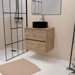 Meuble Salle de Bains 80cm 2 Tiroirs Chêne Naturel + Vasque Ronde Diamètre 41cm en Céramique Noire