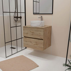 Meuble salle de bains 80cm 2 tiroirs chêne naturel + vasque ronde diamètre 36cm blanche effet marbre