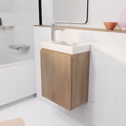 Description générale Idéal pour les petits espaces, le meuble lave mains suspendu ELEMENTARY décor bois est un incontournable ...