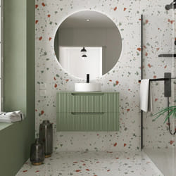 Meuble de salle de bains leon 80cm vert olive - 2 tiroirs en mdf ondules - vasque ronde 36cm