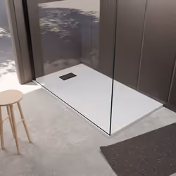 Cet ensemble receveur Blanc Effet Pierre associé à la Grille Décor Rainurée en Inox s'accordera parfaitement à votre espace d ...