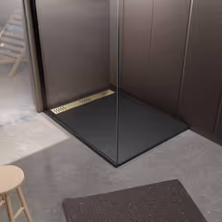 Receveur de douche en résine noir 90x120x3 cm effet pierre granit + grille linéaire or brossé