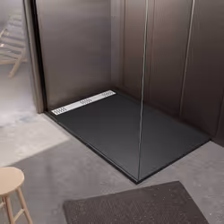 Receveur de douche en résine noir 80x140x3 cm effet pierre granit + grille linéaire blanche mate