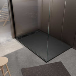 Receveur de douche en résine noir 90x140x3 cm effet pierre granit + grille linéaire noire mate