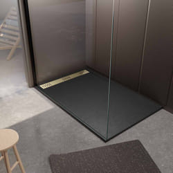 Receveur de douche en résine noir 90x140x3 cm effet pierre granit + grille linéaire or brossé