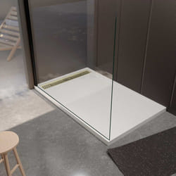 Receveur de douche en résine blanc 90x140x3 cm effet pierre granit + grille linéaire or brossé