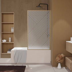 Pare baignoire pivotant 140x80 cm hinata - style japandi géométrique - cadre effet bois - verre 5 mm