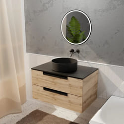Meuble salle de bains 80cm decor bois et noir, 2 tiroirs, vasque noire 36cm et miroir led 50cm
