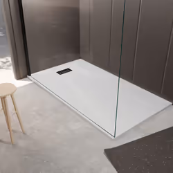 Cet ensemble receveur Blanc Effet Pierre associé à la Grille Décor Rainurée en Inox s'accordera parfaitement à votre espace d ...