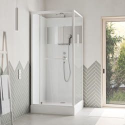 Cabine de douche carrée 90x90cm porte pivotante - blanche - bande effet miroir - square stripe