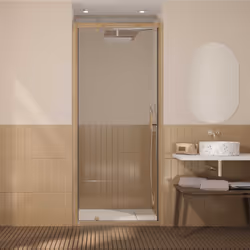WOOD CRUSH, la porte de douche pivotante avec un encadrement effet bois ! La tendance scandinave, chaleureuse et naturelle, i ...