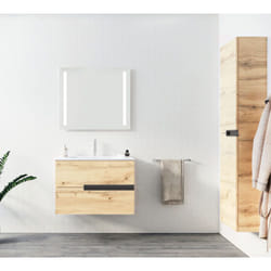 Meuble de salle de bains 80cm chêne clair 2 tiroirs avec vasque céramique blanche - one