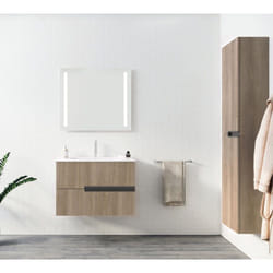 meuble de salle de bains 80cm chêne foncé 2 tiroirs avec vasque céramique blanche - one