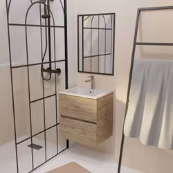 Meuble de Salle de Bains 50cm TIMBER - Tiroirs Décor Chêne, Vasque Blanche et Miroir Cadre Noir