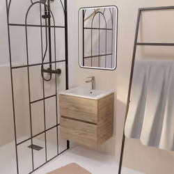 Meuble de Salle de Bains 50cm TIMBER - 2 Tiroirs Décor Chêne, Vasque Blanche et Miroir Led