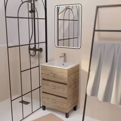 Meuble de Salle de Bains 50cm TIMBER - 3 Tiroirs Décor Chêne, Vasque Blanche et Miroir Led 50x70 cm