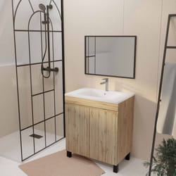 Meuble de salle de bains 70cm timber décor chêne naturel à portes vasque blanche et miroir 70x50