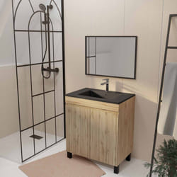 Meuble de salle de bains 70cm timber décor chêne naturel à portes vasque noire et miroir 70x50