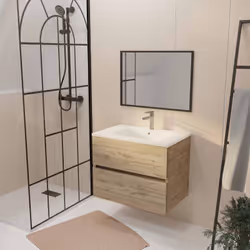 Meuble de salle de bains 70cm TIMBER Décor Chêne Naturel 2 Tiroirs Vasque Blanche et Miroir 70x50
