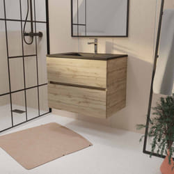 Aurlane - meuble de salle de bains suspendu 70 cm timber - décor chêne naturel 2 tiroirs avec vasque noire