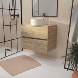 Meuble de salle de bains suspendu 70cm timber décor chêne 2 tiroirs vasque blanche à poser