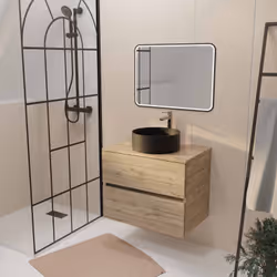 Meuble de salle de bains 70cm TIMBER Décor Chêne 2 tiroirs Vasque noire sur plan et miroir LED 70x50