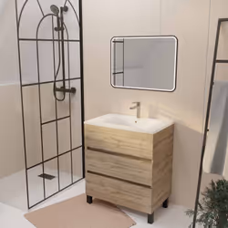 Meuble de salle de bains suspendu 70 TIMBER Décor Chêne 3 tiroirs Vasque blanche et miroir LED 70x50