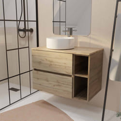 Aurlane - meuble de salle de bains 80cm timber décor chêne 2 tiroirs et module - plan et vasque blanche