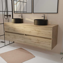 Aurlane - meuble de salle de bains 160 timber décor chêne - 4 tiroirs - 2 vasques rondes noires