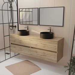 Aurlane - meuble salle de bains 160 timber décor chêne 4 tiroirs vasques à poser noires 2 miroirs 75x55