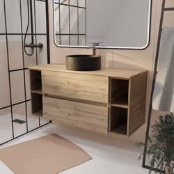 Meuble de salle de bains 120 cm TIMBER - Décor Chêne, 2 tiroirs, Vasque noire à poser