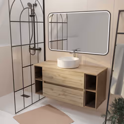 Meuble de salle de bains 120 TIMBER Décor Chêne 2 tiroirs - Vasque blanche à poser Miroir LED 100x70
